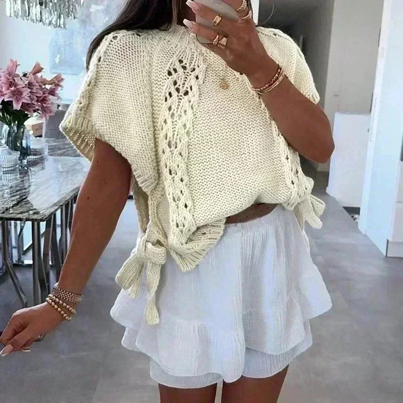 Apricot Casual Women's Fashion Side Tie Round Neck Cap Sleeve Sweater - Picture 1 of 6